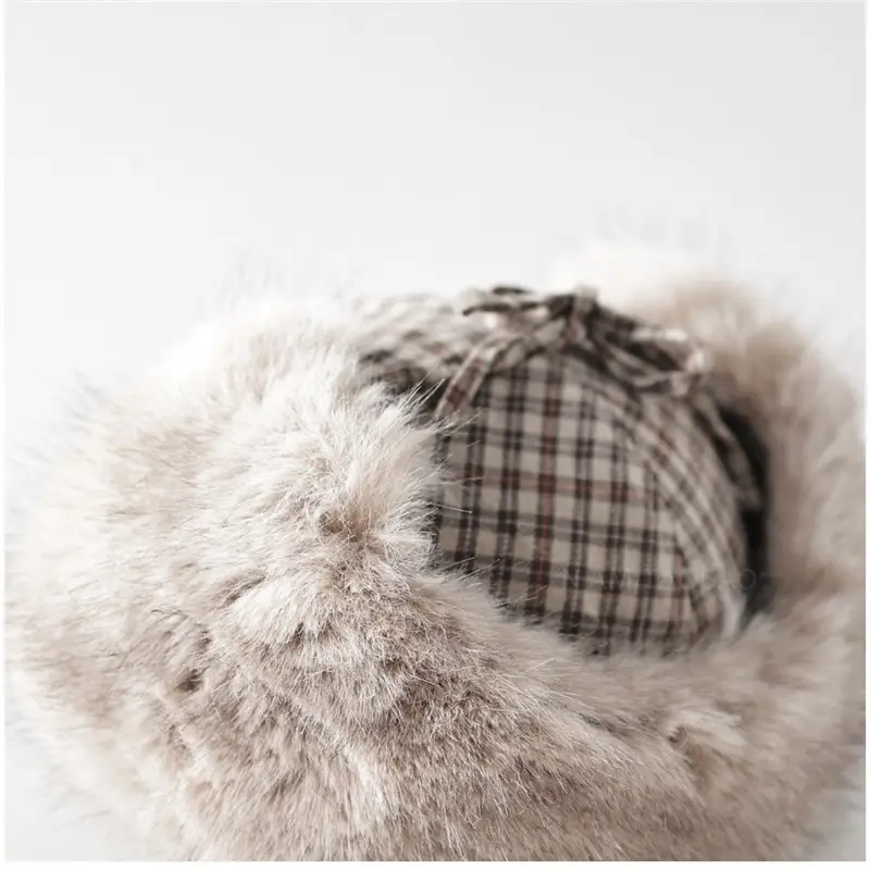 Winter Plaid Fur Cap for Men Women Red Black - Image 5