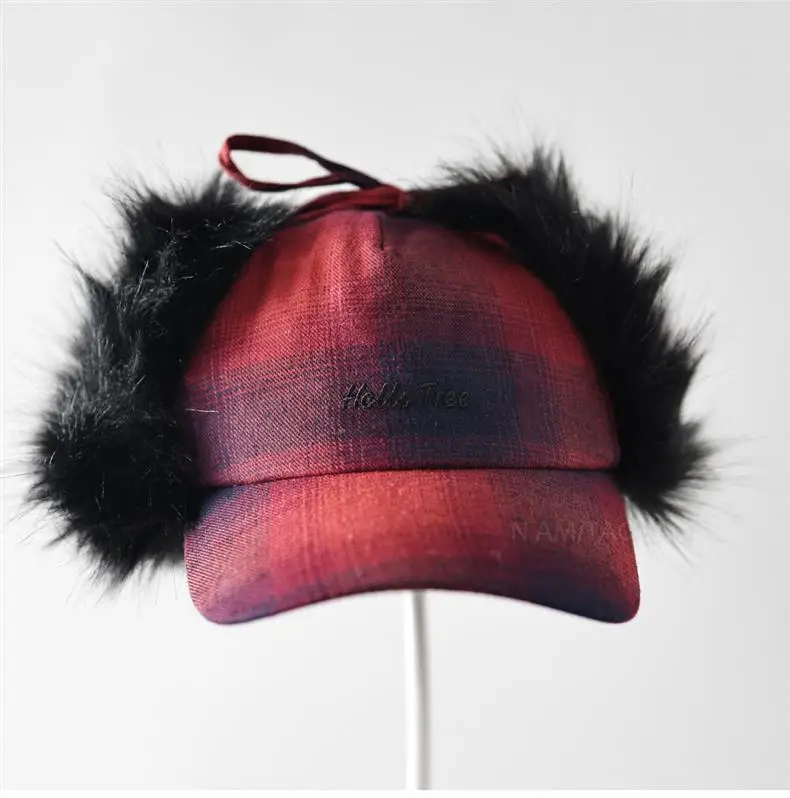 Winter Plaid Fur Cap for Men Women Red Black — feature 1