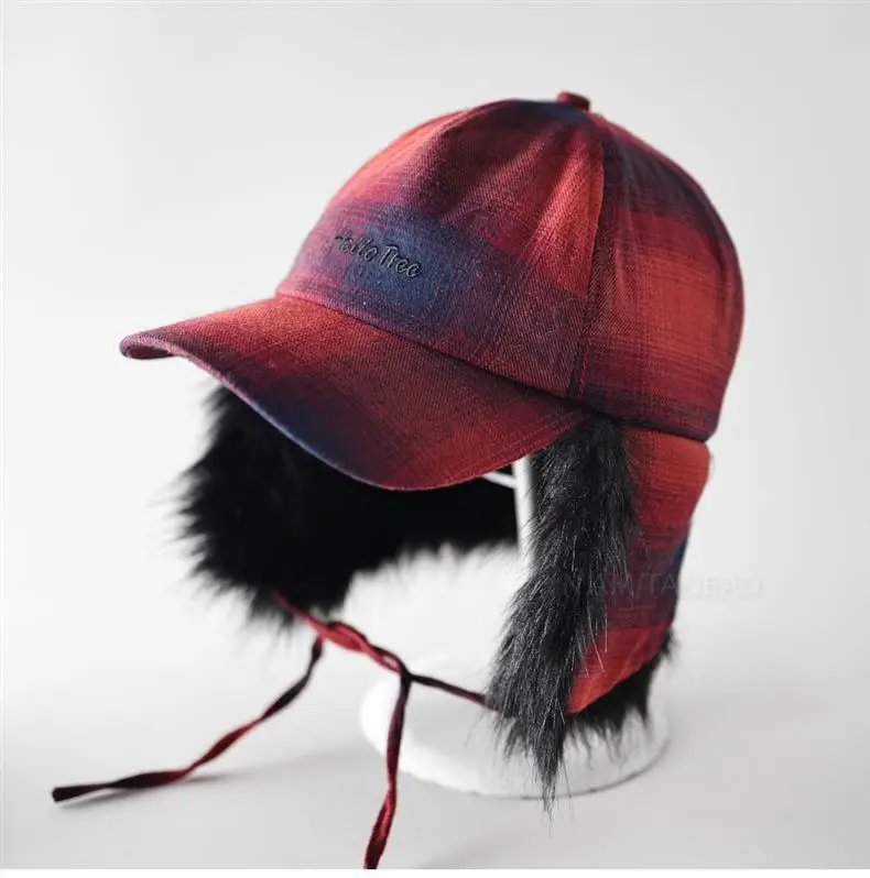 Winter Plaid Fur Cap for Men Women Red Black — feature 10