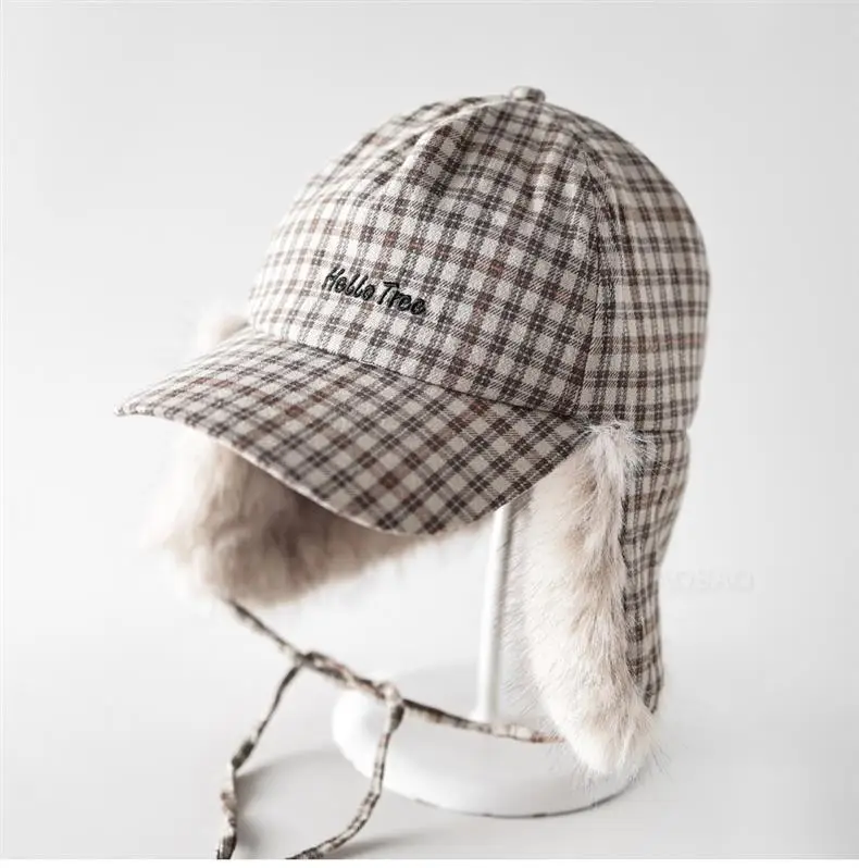 Winter Plaid Fur Cap for Men Women Red Black — feature 11