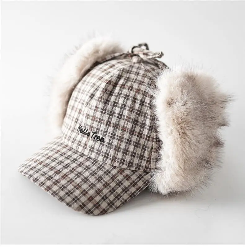 Winter Plaid Fur Cap for Men Women Red Black — feature 12