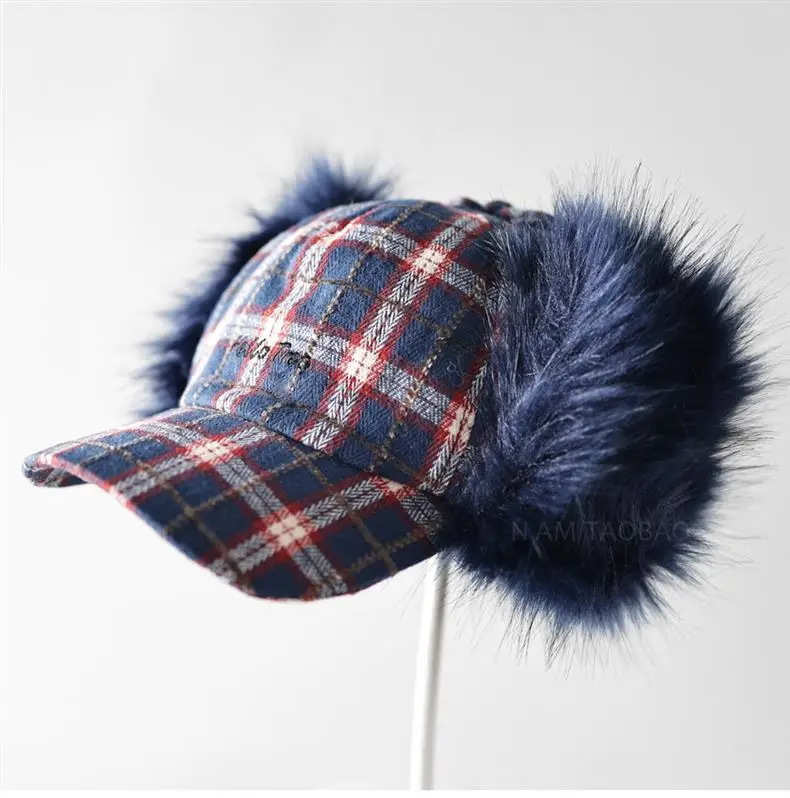 Winter Plaid Fur Cap for Men Women Red Black — feature 2