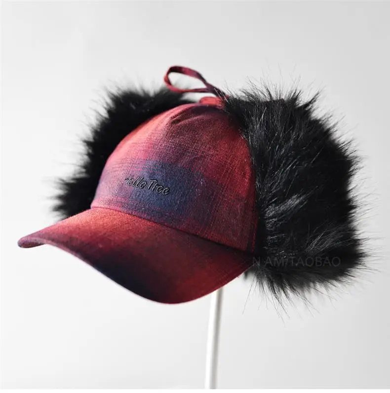 Winter Plaid Fur Cap for Men Women Red Black — feature 4