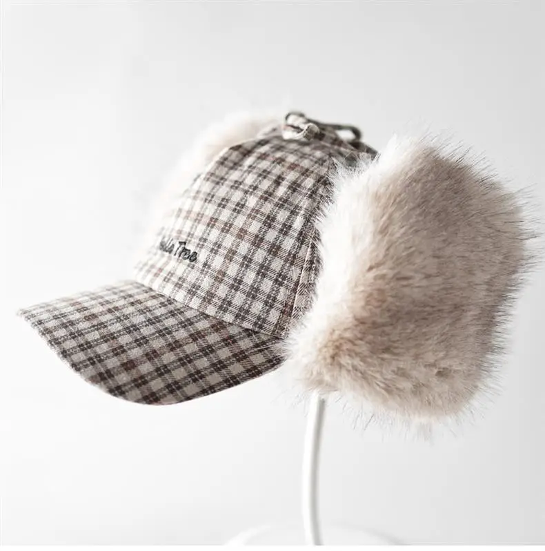 Winter Plaid Fur Cap for Men Women Red Black — feature 5