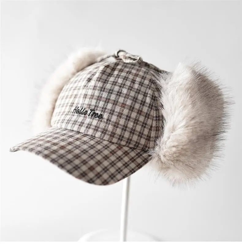 Winter Plaid Fur Cap for Men Women Red Black — feature 6
