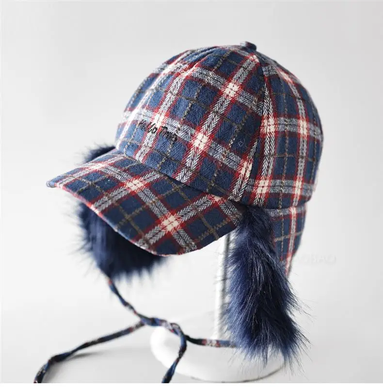 Winter Plaid Fur Cap for Men Women Red Black — feature 7