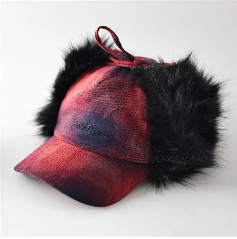 Winter Plaid Fur Cap for Men Women Red Black — feature 8