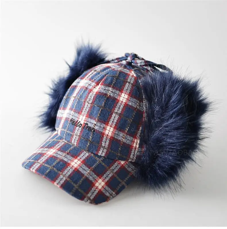 Winter Plaid Fur Cap for Men Women Red Black — feature 9