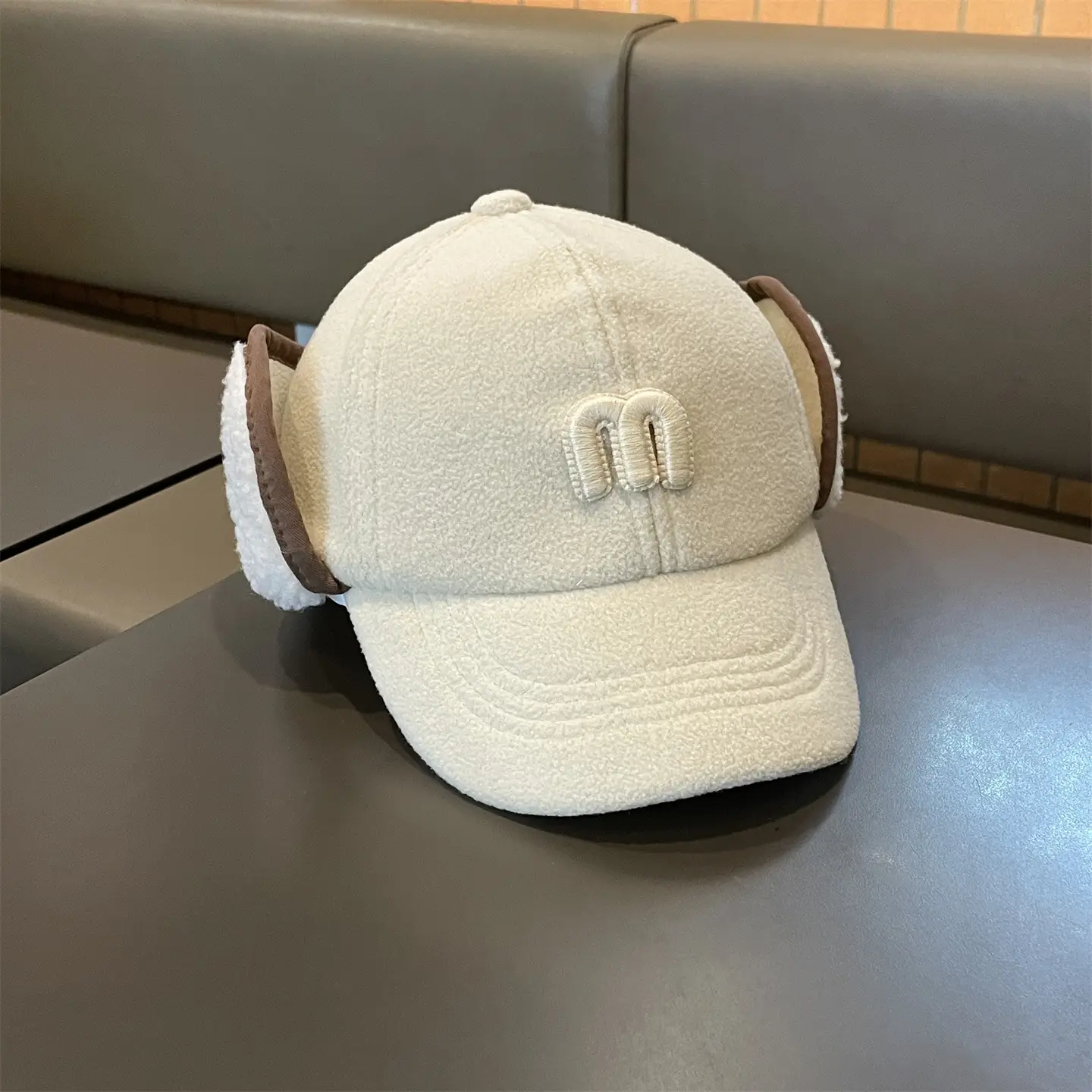 Kids Ear Protection Cap Brown with Logo - Image 2