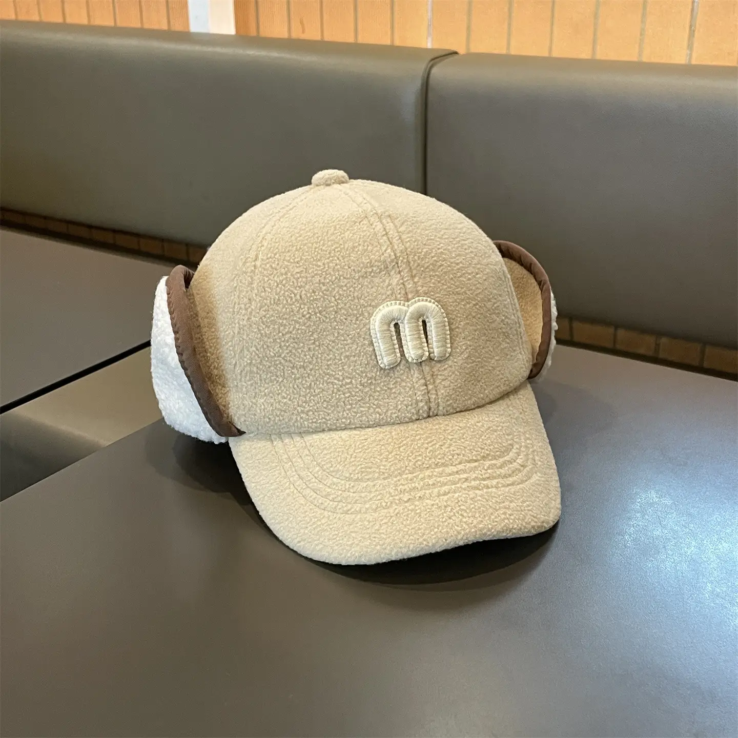 Kids Ear Protection Cap Brown with Logo - Image 4