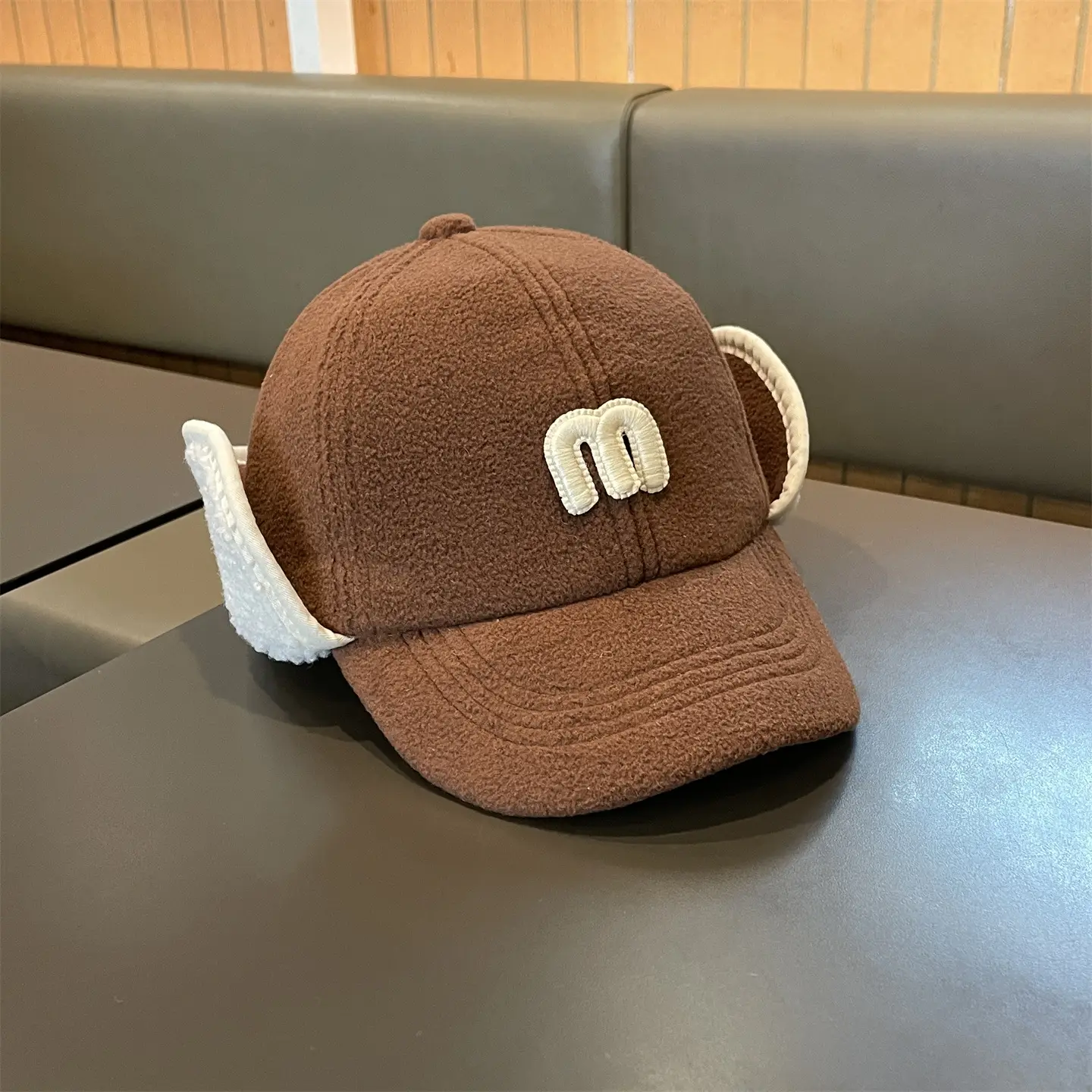 Kids Ear Protection Cap Brown with Logo - Image 5