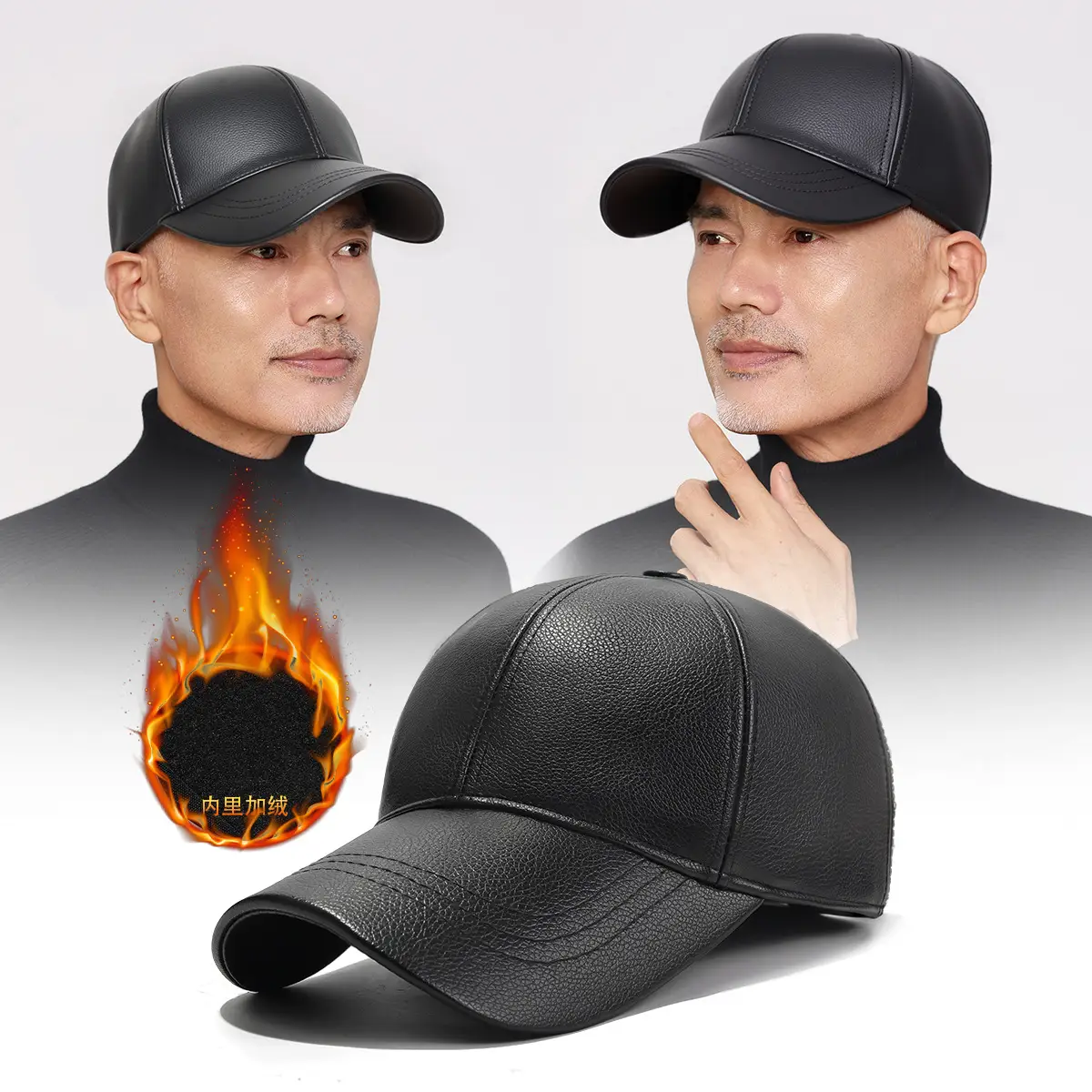 Men Black Fleece Lined Baseball Cap Winter Warm