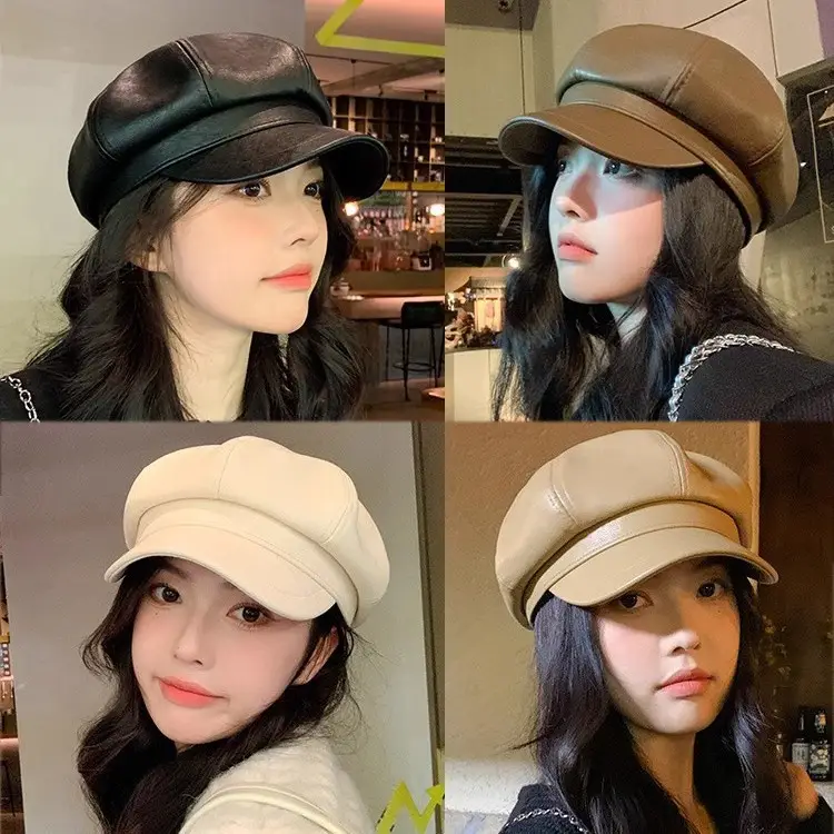 Women's New Leather Beret Cap Small Face Autumn Winter - Image 6