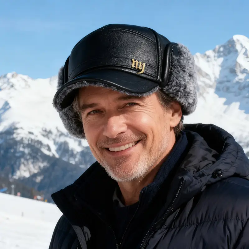 Men's Black Leather Cap with Fur Trim & Ear Flaps - Image 4
