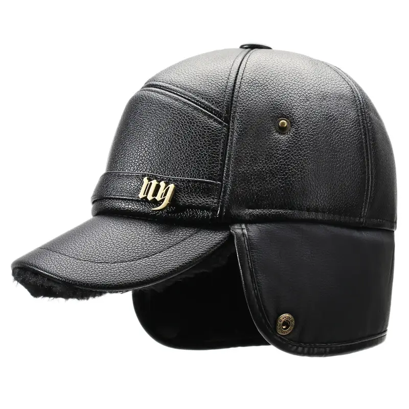 Men's Black Leather Cap with Fur Trim & Ear Flaps - Image 8