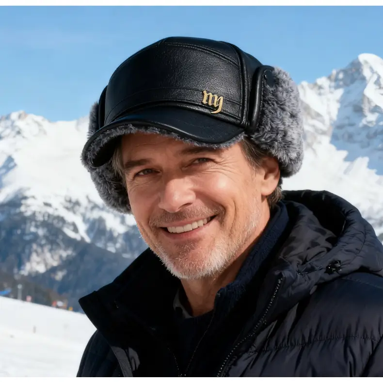 Men's Black Leather Cap with Fur Trim & Ear Flaps — feature 15