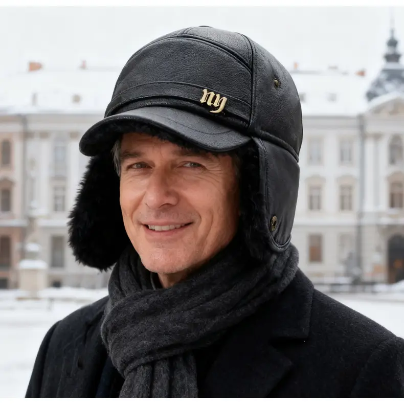 Men's Black Leather Cap with Fur Trim & Ear Flaps — feature 17