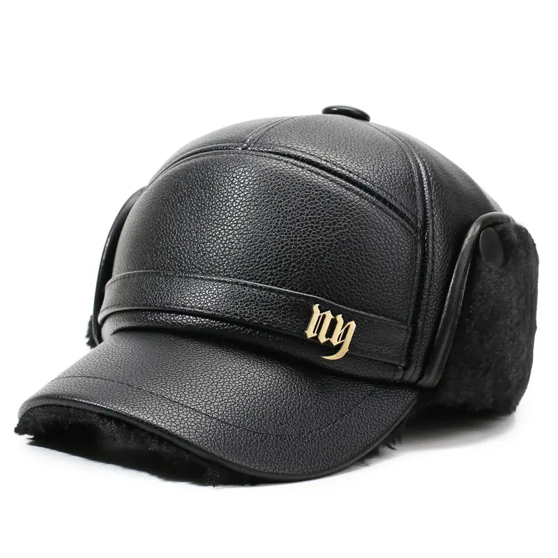Men's Black Leather Cap with Fur Trim & Ear Flaps - Image 2