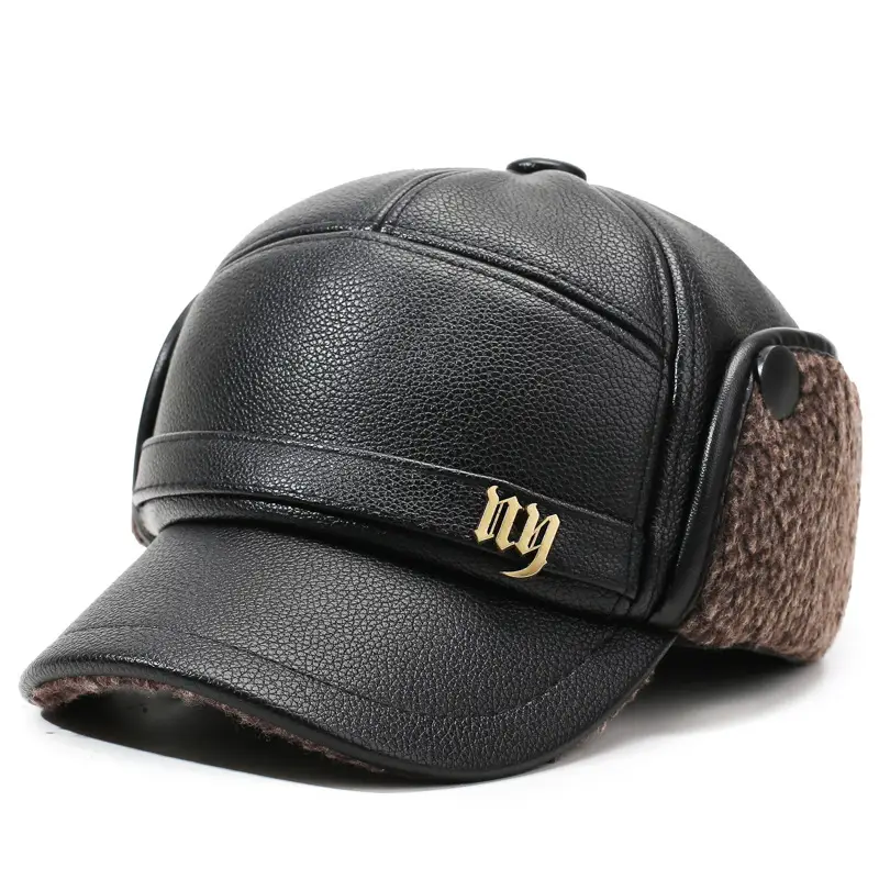 Men's Black Leather Cap with Fur Trim & Ear Flaps - Image 3