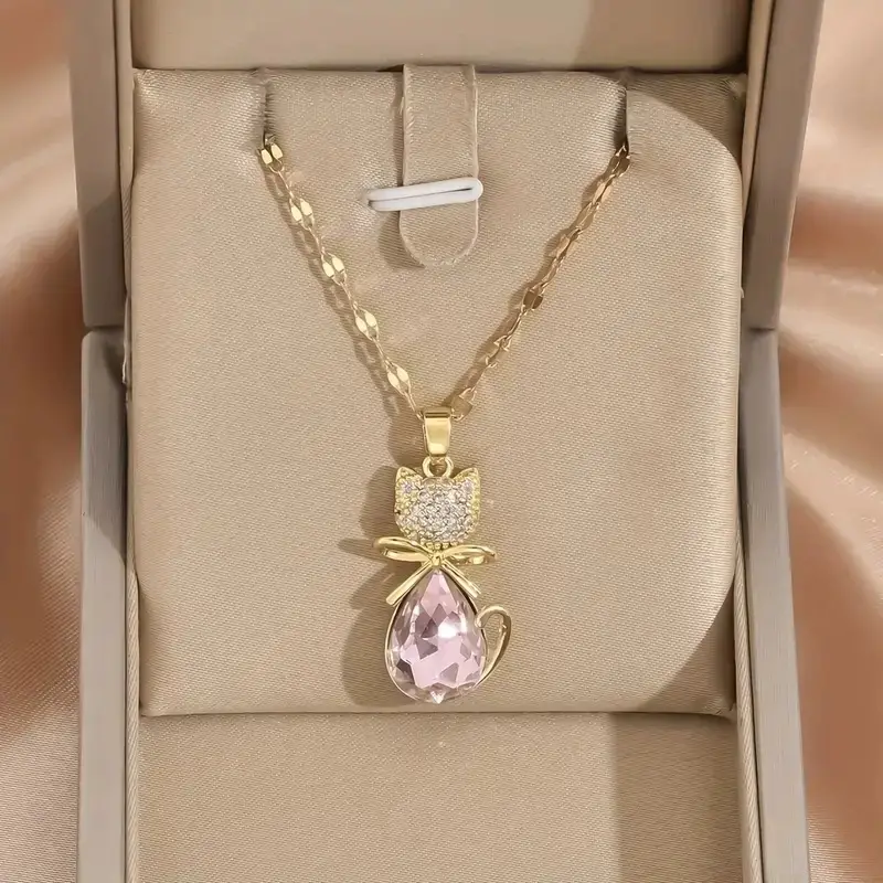 Gold Plated Pink Zircon Bow Princess Cat Necklace - Image 3