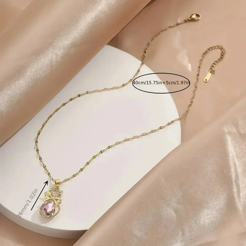 Gold Plated Pink Zircon Bow Princess Cat Necklace - Image 4