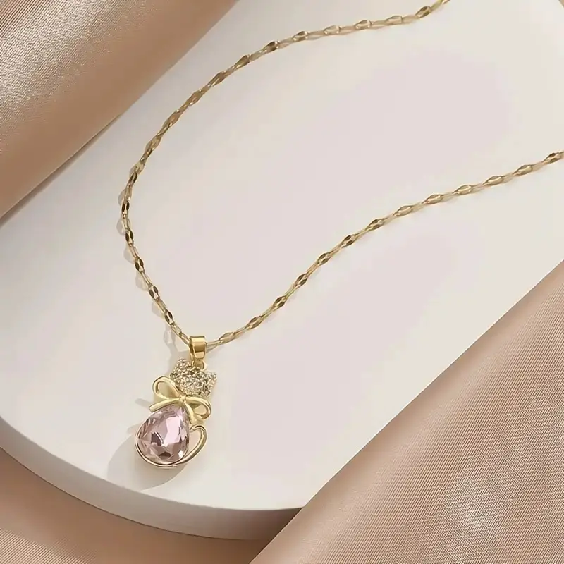 Gold Plated Pink Zircon Bow Princess Cat Necklace - Image 5