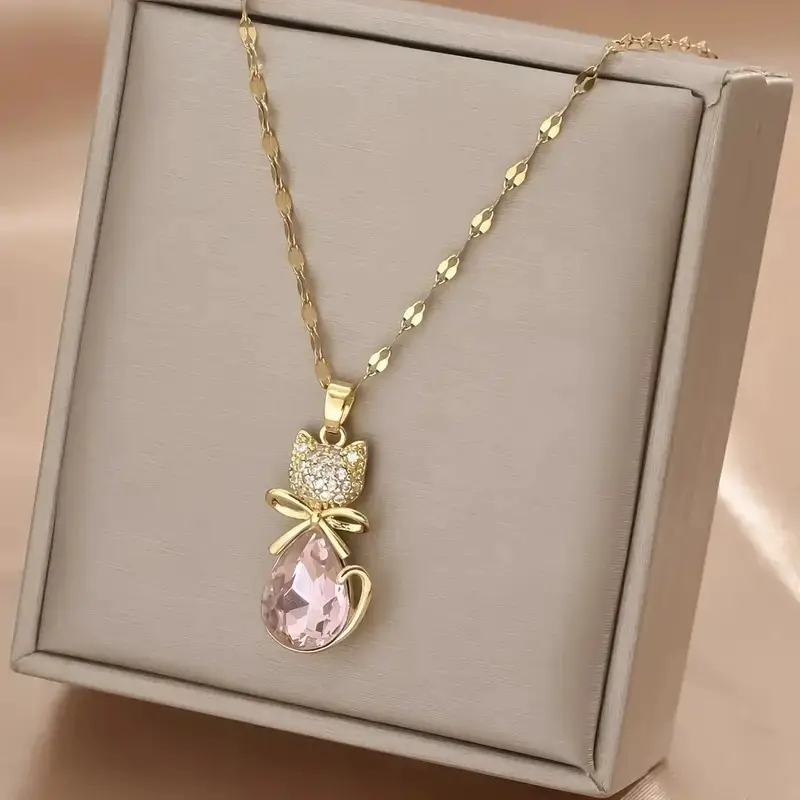 Gold Plated Pink Zircon Bow Princess Cat Necklace — feature 1