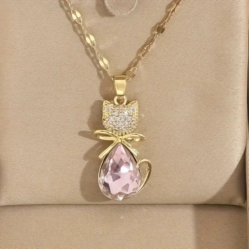 Gold Plated Pink Zircon Bow Princess Cat Necklace — feature 3