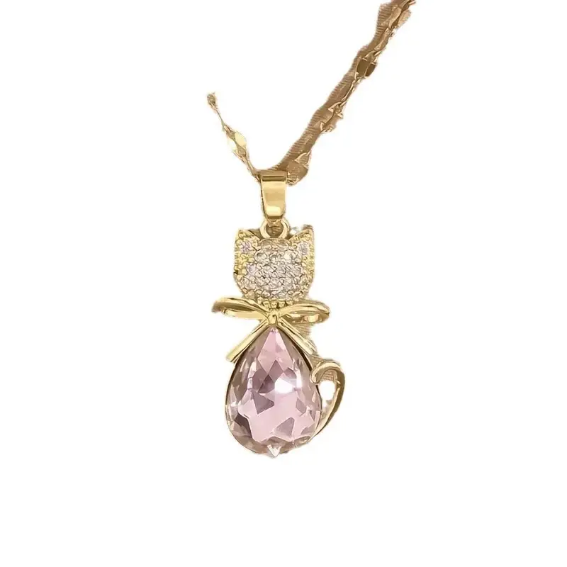 Gold Plated Pink Zircon Bow Princess Cat Necklace — feature 6