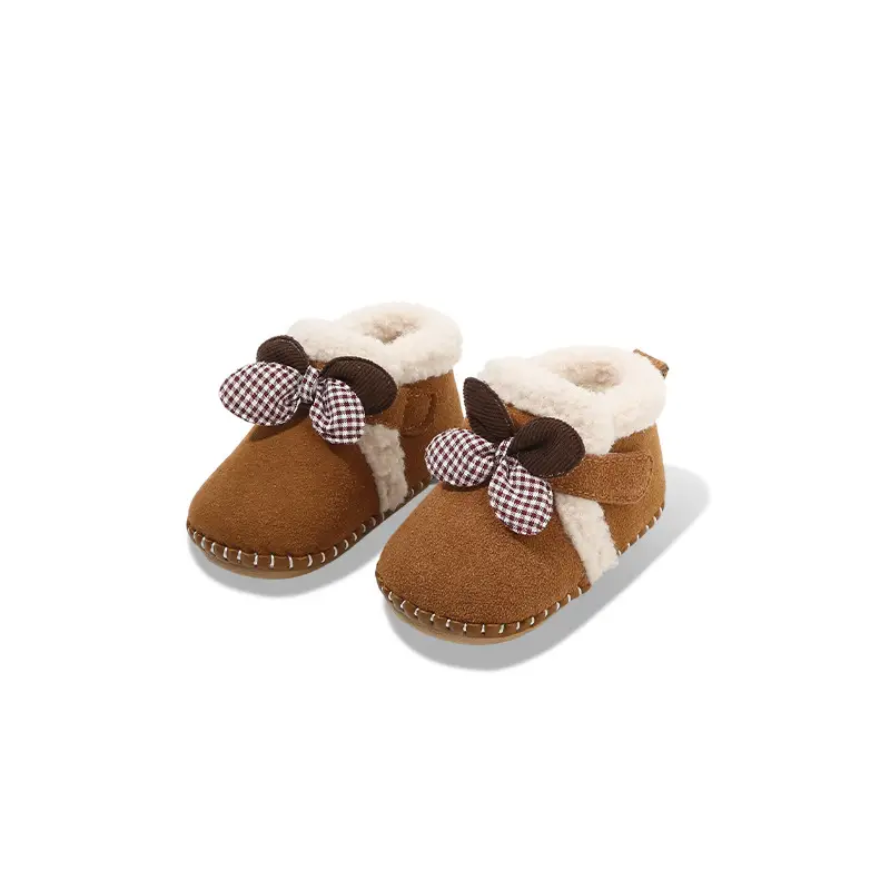 Winter Baby Shoes Brown Bow Soft Sole Fleece Lined
