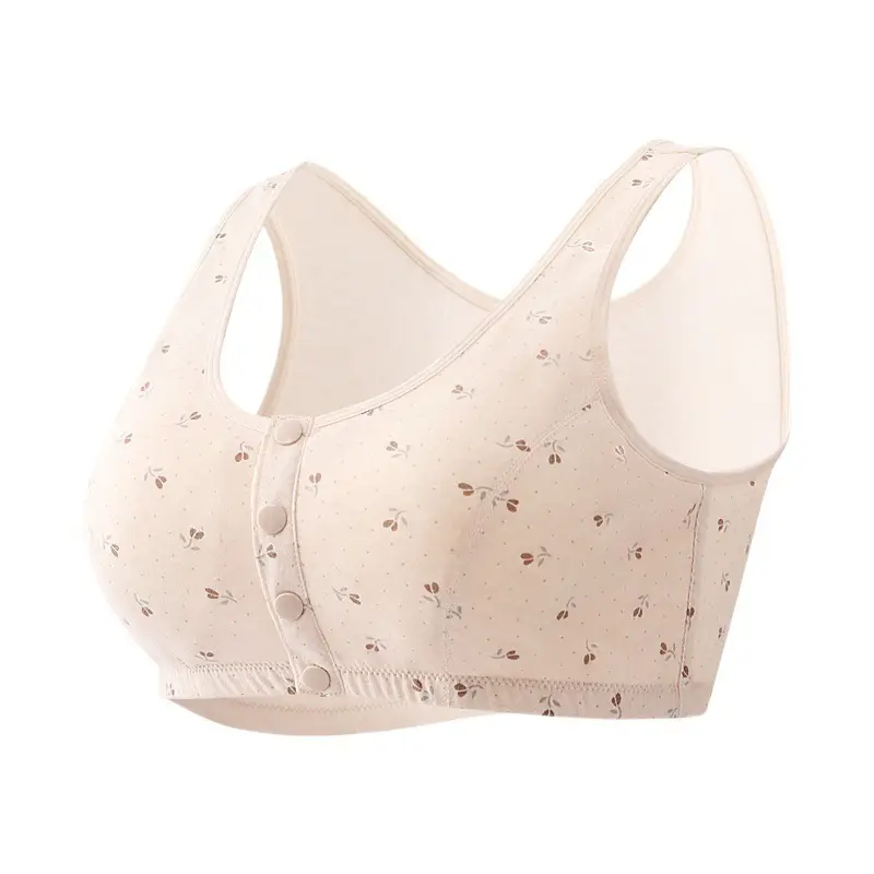 [100% Colored Cotton] Middle-Aged and Elderly Mothers Bra Vest Style Pure Cotton Front Buckle Intimates Women's Wire-Free Bra