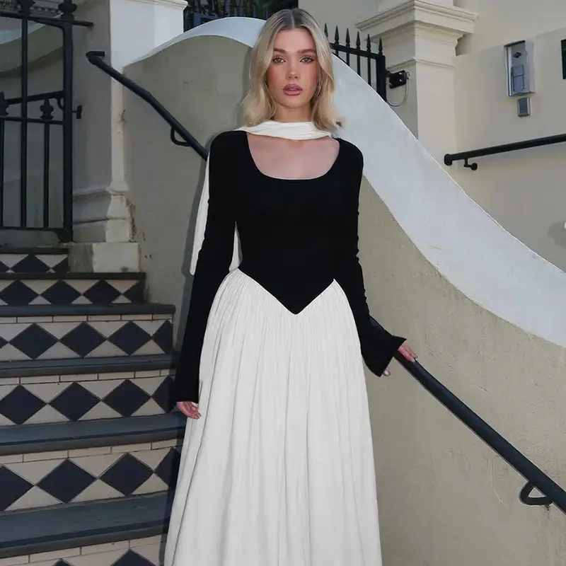 Cross-Border Wholesale Autumn and Winter New European and American Fashion Contrasting Color Sexy U-Neck Long-Sleeved Waist-Cinching Dress for Women