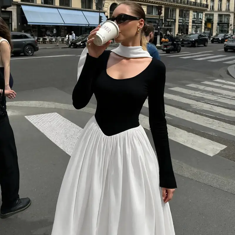 Cross-Border Wholesale Autumn and Winter New European and American Fashion Contrasting Color Sexy U-Neck Long-Sleeved Waist-Cinching Dress for Women