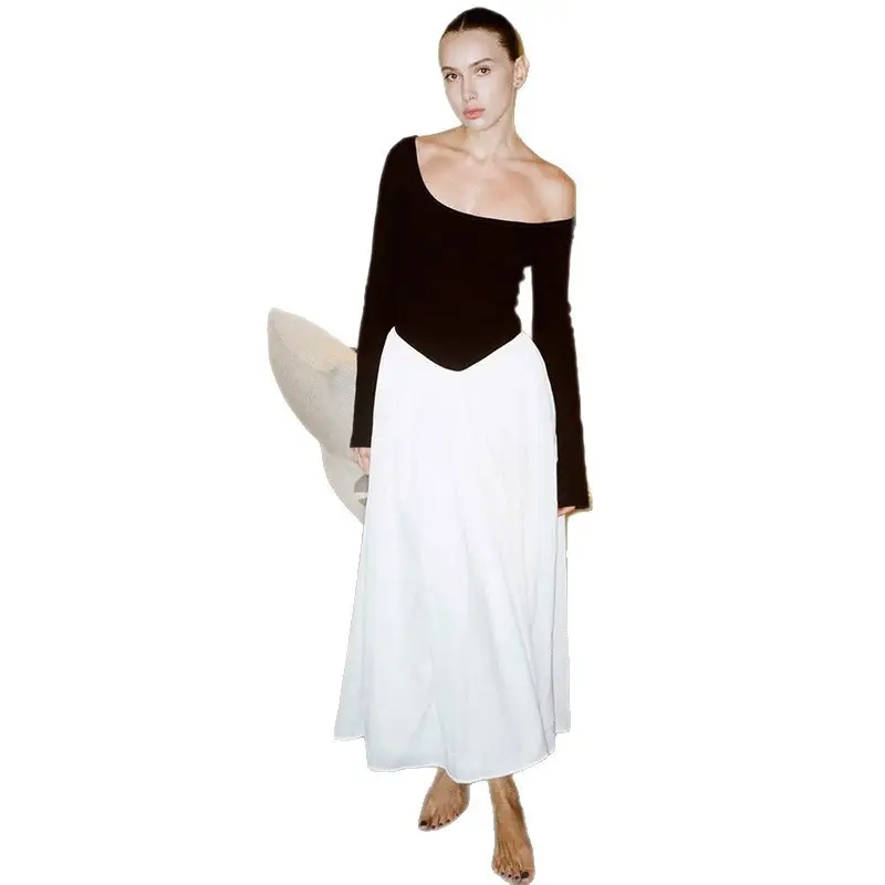 Cross-Border Wholesale Autumn and Winter New European and American Fashion Contrasting Color Sexy U-Neck Long-Sleeved Waist-Cinching Dress for Women