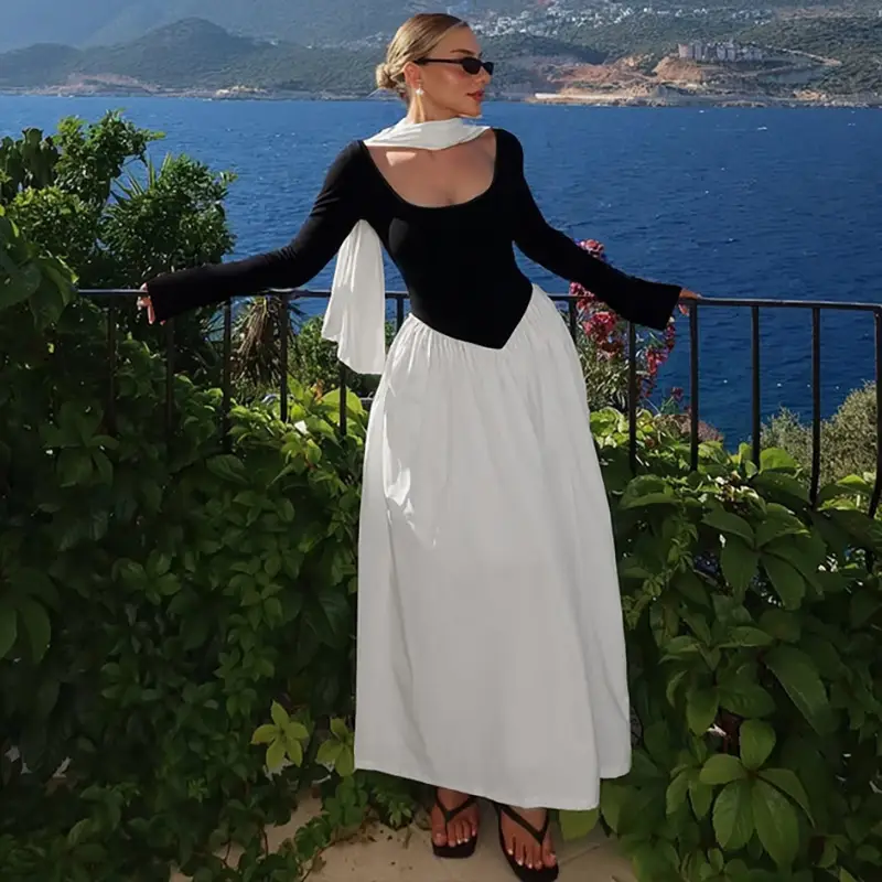 Cross-Border Wholesale Autumn and Winter New European and American Fashion Contrasting Color Sexy U-Neck Long-Sleeved Waist-Cinching Dress for Women — feature 10