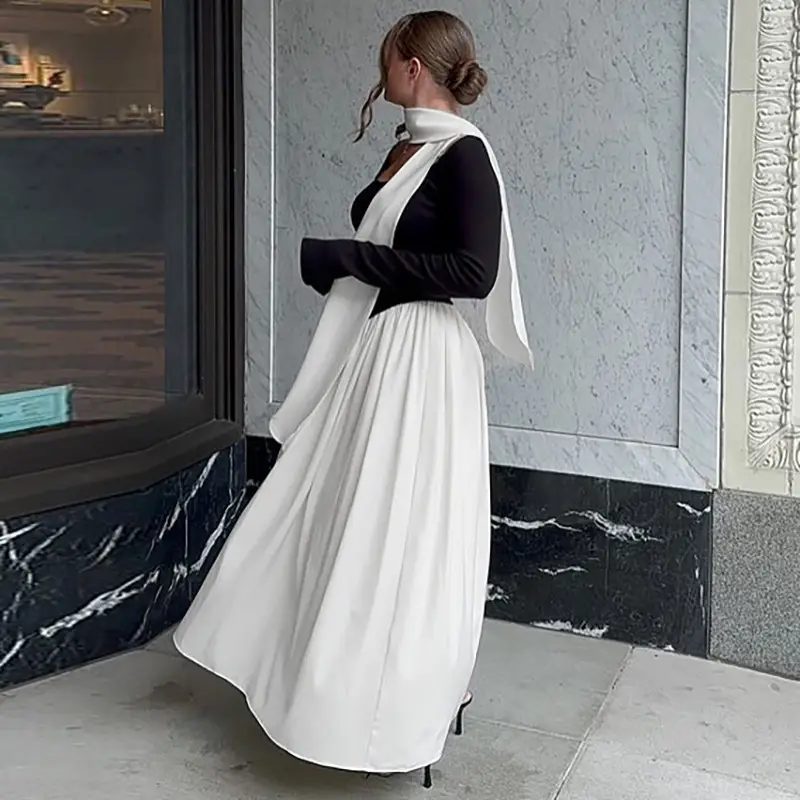 Cross-Border Wholesale Autumn and Winter New European and American Fashion Contrasting Color Sexy U-Neck Long-Sleeved Waist-Cinching Dress for Women — feature 11