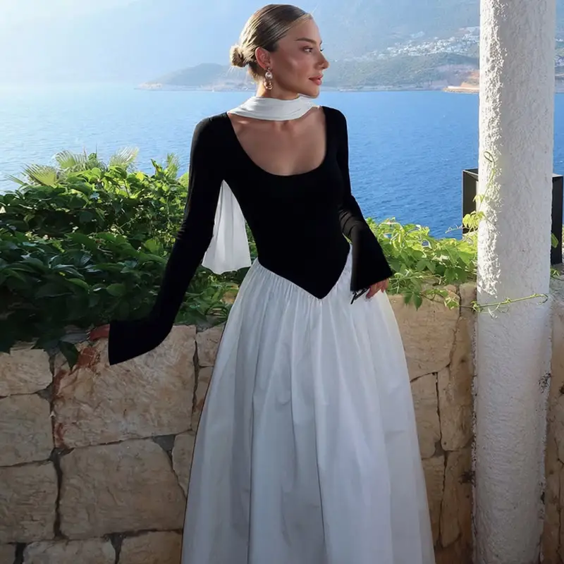 Cross-Border Wholesale Autumn and Winter New European and American Fashion Contrasting Color Sexy U-Neck Long-Sleeved Waist-Cinching Dress for Women — feature 14