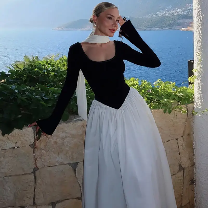 Cross-Border Wholesale Autumn and Winter New European and American Fashion Contrasting Color Sexy U-Neck Long-Sleeved Waist-Cinching Dress for Women — feature 15