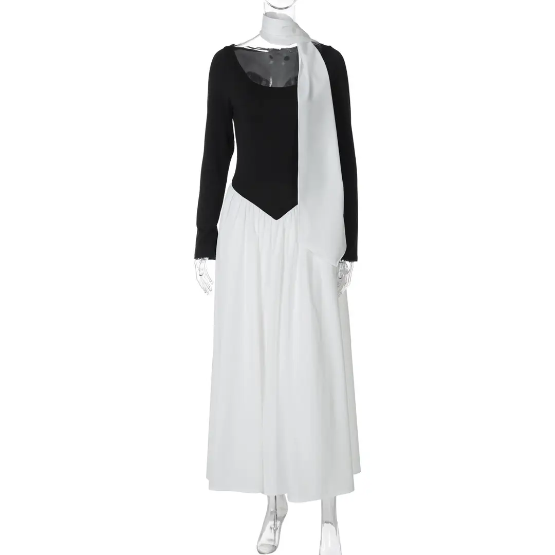 Cross-Border Wholesale Autumn and Winter New European and American Fashion Contrasting Color Sexy U-Neck Long-Sleeved Waist-Cinching Dress for Women — feature 17