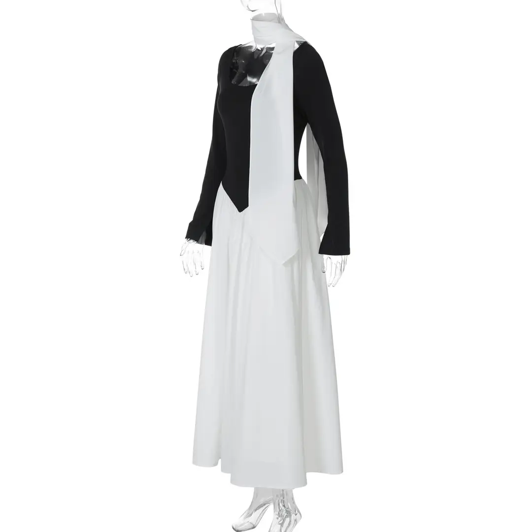 Cross-Border Wholesale Autumn and Winter New European and American Fashion Contrasting Color Sexy U-Neck Long-Sleeved Waist-Cinching Dress for Women — feature 18