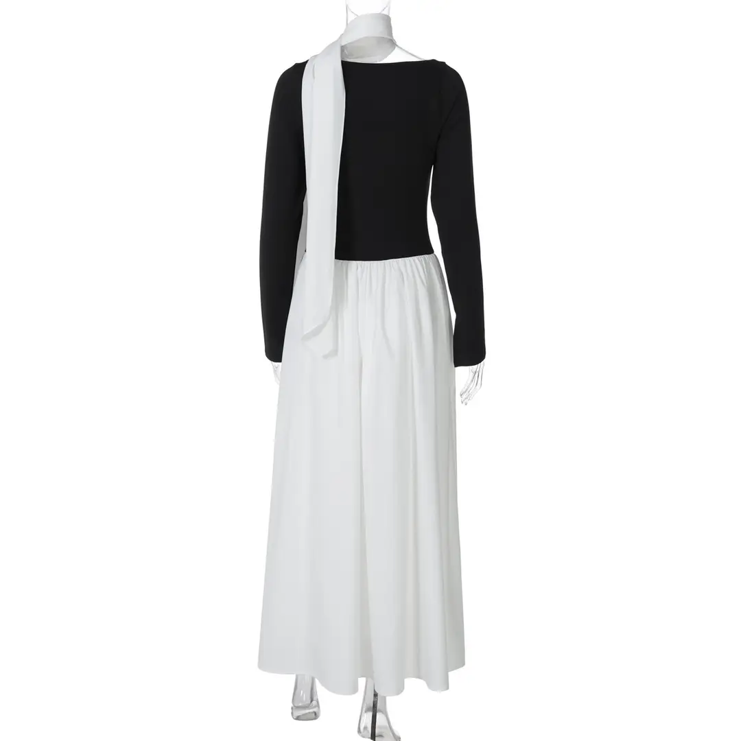 Cross-Border Wholesale Autumn and Winter New European and American Fashion Contrasting Color Sexy U-Neck Long-Sleeved Waist-Cinching Dress for Women — feature 19