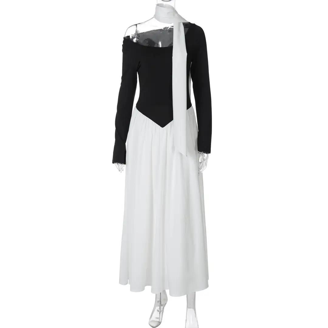 Cross-Border Wholesale Autumn and Winter New European and American Fashion Contrasting Color Sexy U-Neck Long-Sleeved Waist-Cinching Dress for Women — feature 20