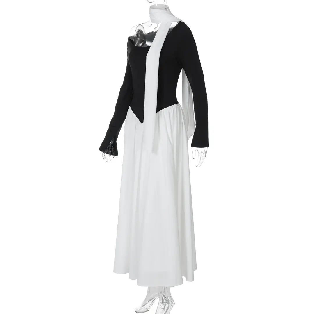 Cross-Border Wholesale Autumn and Winter New European and American Fashion Contrasting Color Sexy U-Neck Long-Sleeved Waist-Cinching Dress for Women — feature 21