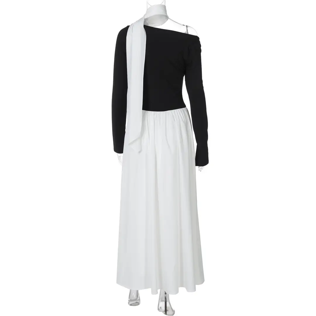 Cross-Border Wholesale Autumn and Winter New European and American Fashion Contrasting Color Sexy U-Neck Long-Sleeved Waist-Cinching Dress for Women — feature 22