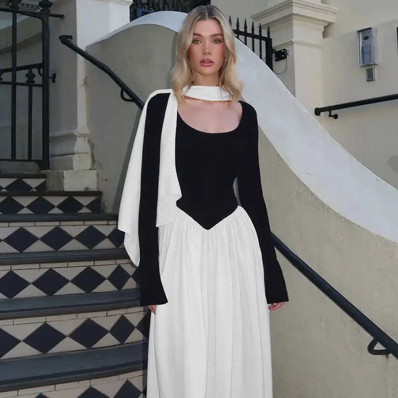 Cross-Border Wholesale Autumn and Winter New European and American Fashion Contrasting Color Sexy U-Neck Long-Sleeved Waist-Cinching Dress for Women — feature 3