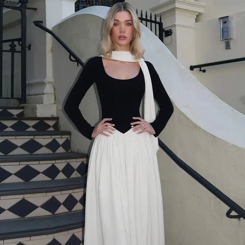 Cross-Border Wholesale Autumn and Winter New European and American Fashion Contrasting Color Sexy U-Neck Long-Sleeved Waist-Cinching Dress for Women — feature 5