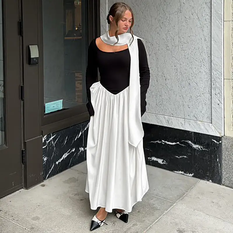 Cross-Border Wholesale Autumn and Winter New European and American Fashion Contrasting Color Sexy U-Neck Long-Sleeved Waist-Cinching Dress for Women — feature 8