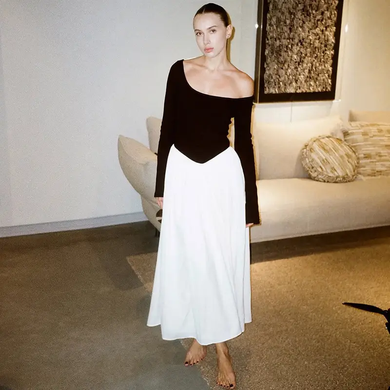 Cross-Border Wholesale Autumn and Winter New European and American Fashion Contrasting Color Sexy U-Neck Long-Sleeved Waist-Cinching Dress for Women — feature 9