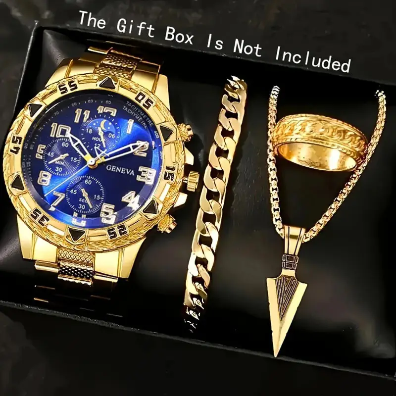 Cross-Border Hot-Selling Men's Watch + Jewelry Set, High-End Men's Business Watch Gift Four-Piece Watch Set