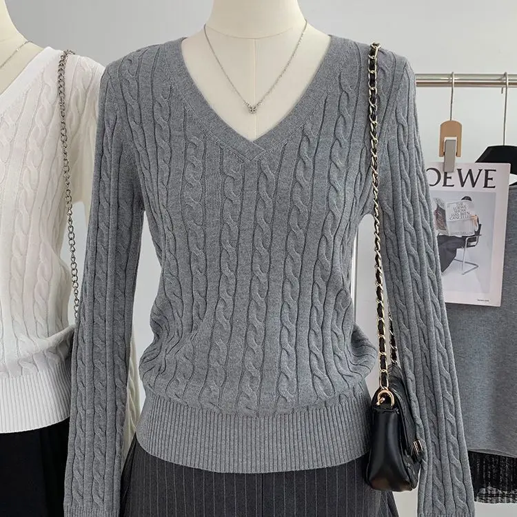 Gray V Neck Knitwear Women's Autumn and Winter New Preppy Style Long-Sleeved Twist High-End Niche Simple Knitwear Top